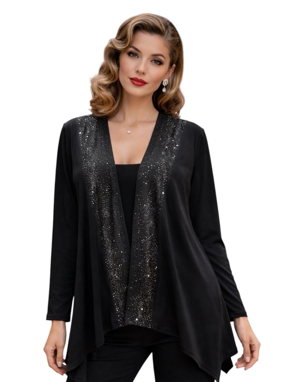 PARISLINE vintage black asymmetrical evening cardigan sparkling studs large